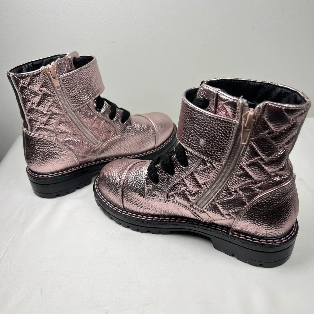 Kurt Geiger London Quilted Pink Metallic Leather Combat Ankle Boots Size 3